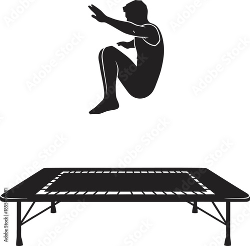 Black and white silhouette of a male gymnast performing a high tuck jump on a trampoline. Minimalist vector illustration representing trampolining, acrobatics, fitness, and aerial sports.