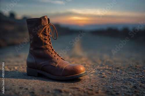 Brown leather boot on a dirt road at sunset with blurred background and warm colors in the sky