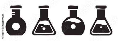 Laboratory flasks and beakers icon set representing science, chemistry, research, and experimentation in a simple black silhouette design.