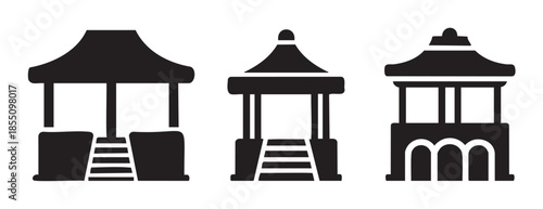 Three traditional Asian pagoda gazebo pavilion structures are depicted as simple black silhouette icons on a clean white field, representing architectural elements.