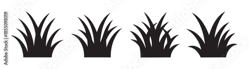 Four black grass tufts vector illustration set depicting various stylized clumps of lawn or meadow plants, perfect for nature-themed designs and graphic elements.
