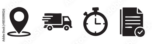 Delivery logistics tracking icons representing location, speed, and order completion, essential for modern e-commerce and shipping services.