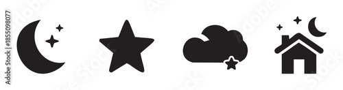 Moon stars cloud house night icons collection represents various elements of evening and celestial themes in a simple graphic style.