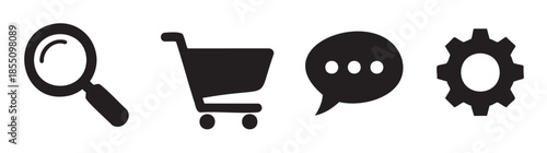 Magnifying glass shopping cart speech bubble gear icons represent essential functions for modern digital interfaces, online shopping, and user communication.