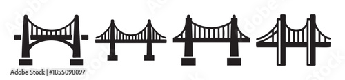 Four distinct suspension bridge silhouettes are presented in a clean, minimalist black and white vector illustration, perfect for architectural or travel-related design projects.
