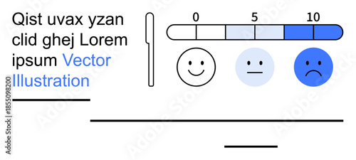 Customer satisfaction, feedback, surveys, rating, evaluation, user experience. Graphical display of a feedback scale with happy face icons. Customer satisfaction and feedback visualization concept