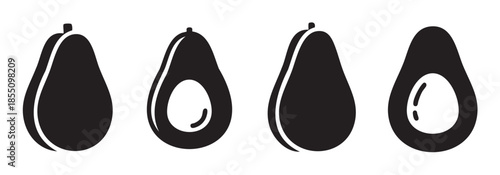 Four avocado fruit icons in black and white minimalist style, depicting both whole and halved fruits with their pits, perfect for healthy food and nutrition designs.