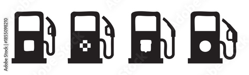 Four black gas pumps vector icons representing fuel stations and energy supply for vehicles, suitable for web design or infographics.