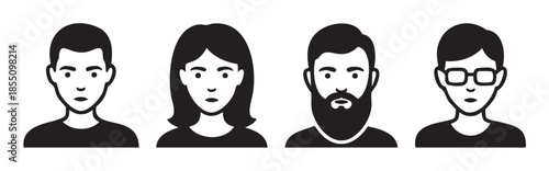 Four diverse user profile avatar icons in a minimalist black and white style, representing different genders and appearances for online identity.