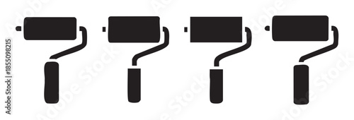 Four black paint rollers are displayed horizontally, representing tools for home improvement, renovation, and artistic projects, symbolizing construction and DIY work.