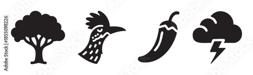 Collection of black silhouette icons featuring a tree, bird head, chili pepper, and lightning cloud, representing diverse concepts in a simple graphic style.