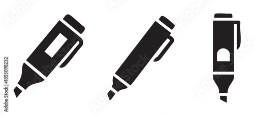 Three black marker pen highlighter icons represent essential office and school supplies for various education and business purposes.