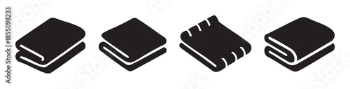 Folded towels icon set features various styles of neatly stacked textile items, perfect for laundry, spa, or hotel service graphics.