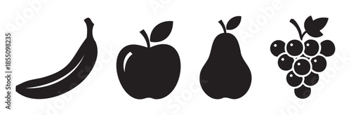 Fruit icons collection featuring banana, apple, pear, and grapes, presented as simple black vector shapes for healthy eating and diet concepts.