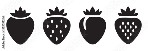Four black silhouette strawberry icons with varying designs offer a versatile and minimalist graphic element for fruit, food, and healthy eating concepts.