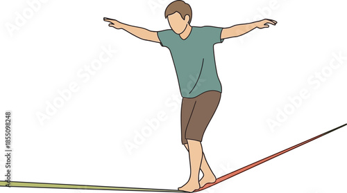 Vector illustration of a man practicing slacklining. He balances barefoot on a narrow line with arms outstretched, symbolizing focus, core stability, and outdoor recreational fitness activities.