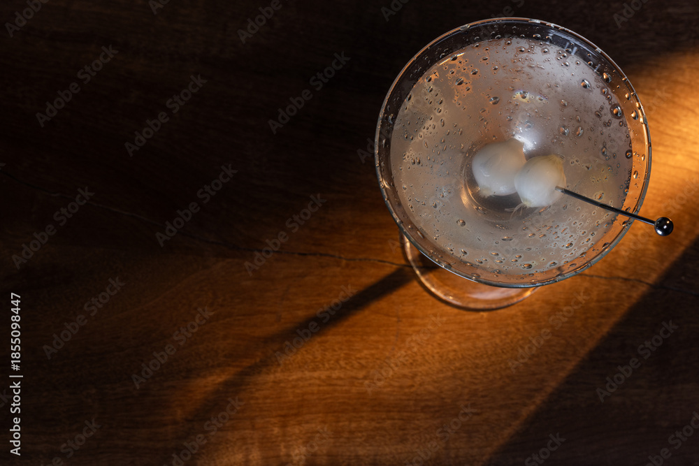 custom made wallpaper toronto digitalIce cold Gibson Martini on a bar drop with dramatic shadows and warm tones