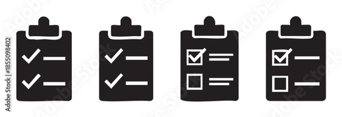 Four black clipboard icons displaying different checklist styles, symbolizing successful task completion and efficient project planning.
