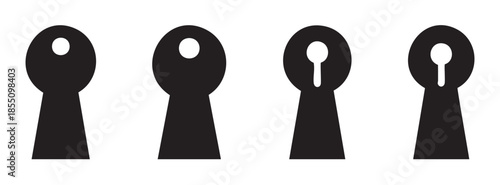 Four black keyhole icons representing security, access, privacy, and mystery, depicted as simple graphic symbols in a clean, modern style.