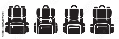 Four different black and white backpack icons representing travel, adventure, and school, perfect for web design or mobile application interfaces.