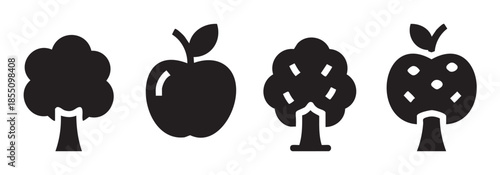 Collection of simple black silhouette tree and apple icons, providing essential graphic elements for various design projects and digital applications.