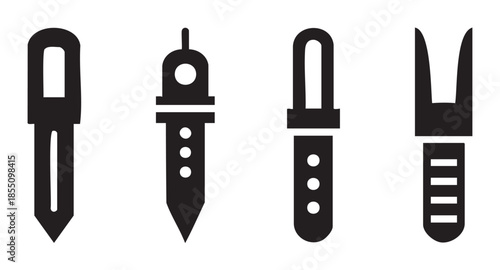 Four different sewing tools seam rippers vector icons for tailoring and craft projects, illustrating various designs of essential instruments for textile work and garment creation.