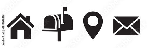 Contact address communication icons set in simple black style, representing home, mail, location, and messages for digital interfaces and web design.