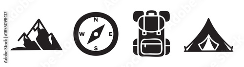Outdoor adventure camping hiking exploration travel icons set featuring mountains, a compass, a backpack, and a tent, representing nature expeditions and wilderness journeys.