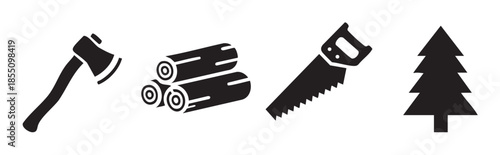 Logging tools wood tree icons set representing forestry and lumberjack activities, perfect for design elements related to nature and construction.