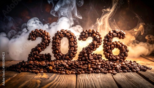 “2026” formed with coffee beans on wood surface, steam rising in dramatic spotlight.