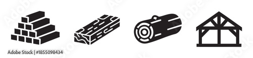 Construction materials and building elements are depicted as simple black and white icons, illustrating various fundamental components used in architecture and structural design.