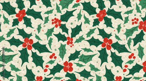 Vector illustration of a Christmas-themed fabric design featuring a prominent holly leaf motif pattern, with stylized green leaves, vibrant red berries