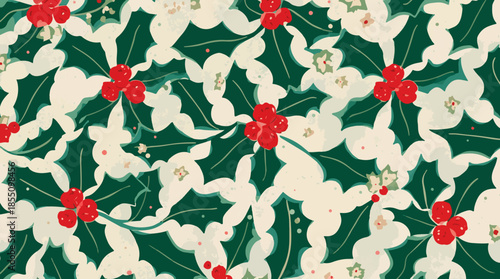 Vector illustration of a Christmas-themed fabric design featuring a prominent holly leaf motif pattern, with stylized green leaves, vibrant red berries