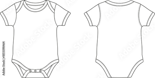 Baby short sleeve bodysuit technical fashion flat sketch, front and back view infant apparel design illustration vector template