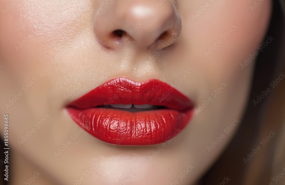 Fototapeta premium Close-up of woman lips with glossy red lipstick applied. Natural skin texture visible. Makeup artistry focuses on precise lip line and full color saturation for striking effect.