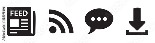 Modern web icons representing feed, RSS, chat, and download functions are crucial for user experience in digital interfaces and applications.