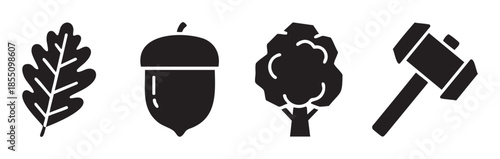 Oak leaf, acorn, tree, and gavel icons are simple black vector illustrations representing nature, law, and forestry concepts in a clean, minimalist style.