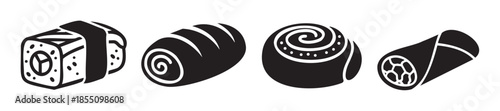 Collection of diverse food icons featuring a sushi roll, a loaf of bread, a swirled pastry, and a spring roll in a clean graphic design.