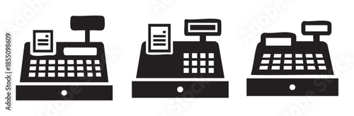 Three different cash register icons representing retail transactions, sales, and point of purchase operations in a modern, minimalist black silhouette style.