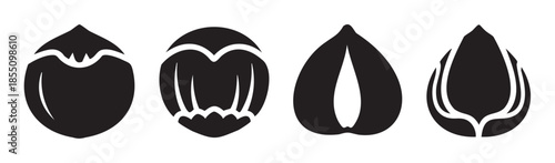 Four stylized nuts and seeds vector icons, including various forms like shelled and unshelled, perfect for food packaging and healthy lifestyle designs.