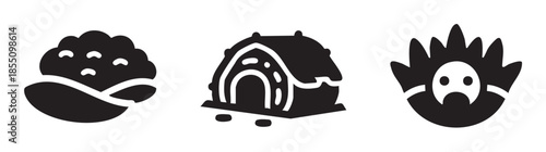 Stylized graphic icons representing various fantasy elements, including a fluffy cloud, a cozy hut, and a spooky monster, ideal for game design or digital projects.