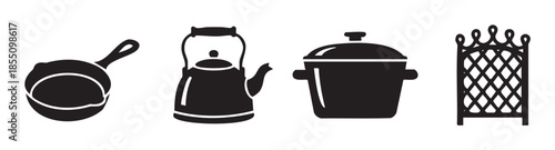 Essential kitchen cooking utensils including a pan, kettle, and pot, alongside a decorative garden trellis, are illustrated as simple black silhouette icons.