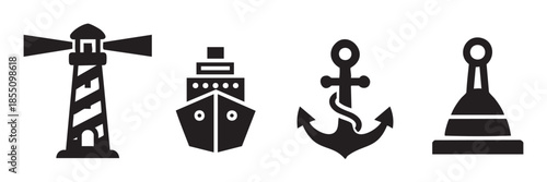 Lighthouse ship anchor buoy nautical maritime symbols set in a clean, minimalist black and white icon style for various design projects and themes.