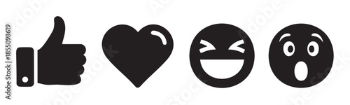Social media reaction icons expressing various emotions and engagement, including like, love, laughter, and surprise, for digital communication and feedback.