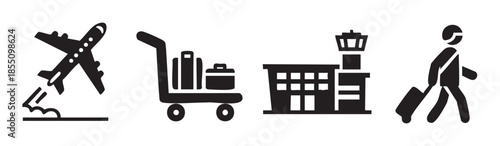 Air travel icons illustrating the complete journey from departure to arrival, featuring an airplane, luggage cart, airport terminal, and a walking passenger.