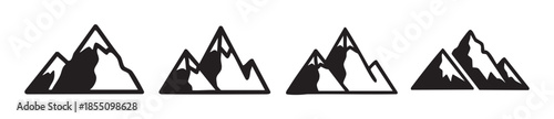 Mountain icons set of four different stylized graphic designs representing various peaks and ranges for outdoor adventure and nature concepts.