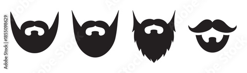 Different styles of beards and mustaches are displayed in a graphic vector illustration, showcasing various facial hair trends and grooming options.