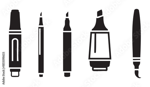 Various markers and pens are displayed as black silhouettes in a row, representing different types of drawing and writing tools for creative projects.