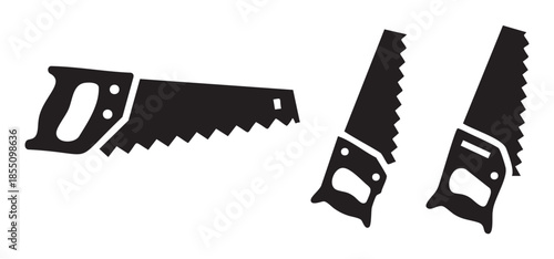 Three black silhouette hand saws are displayed as woodworking tools, representing construction, carpentry, and DIY projects with a simple, graphic design.