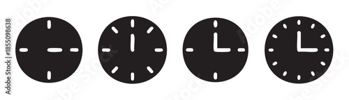 Four black and white clock faces displaying different time indicators, showcasing various styles of timekeeping and the concept of time progression.